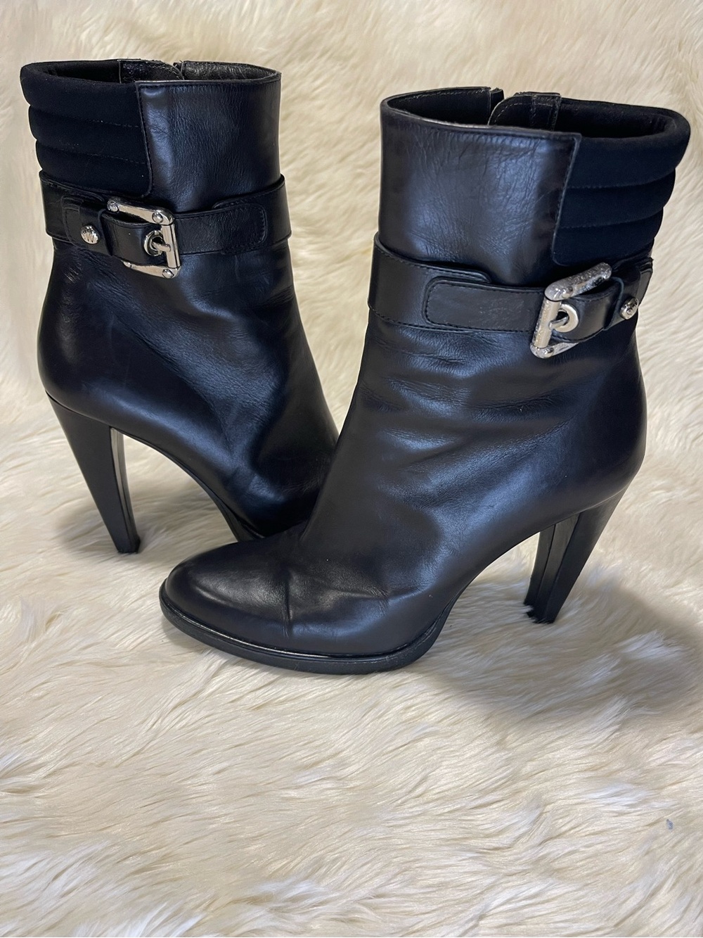 Stuart Weitzman Black Leather High-Heel Ankle Boots with Silver Buckle
